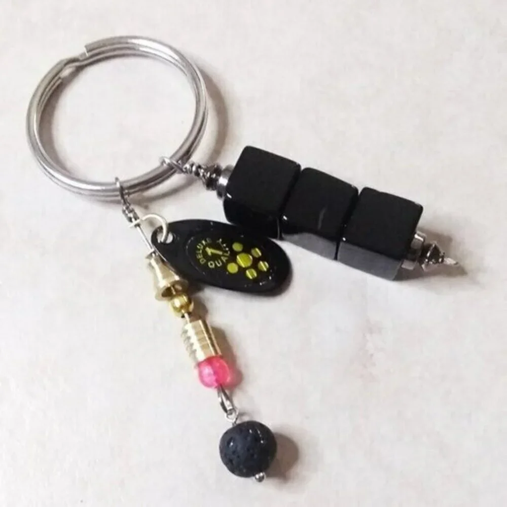 #1 Dad Gift! Fishing Lure Key Chain - Black Onyx + Metal Spoon Lure Key Ring!
